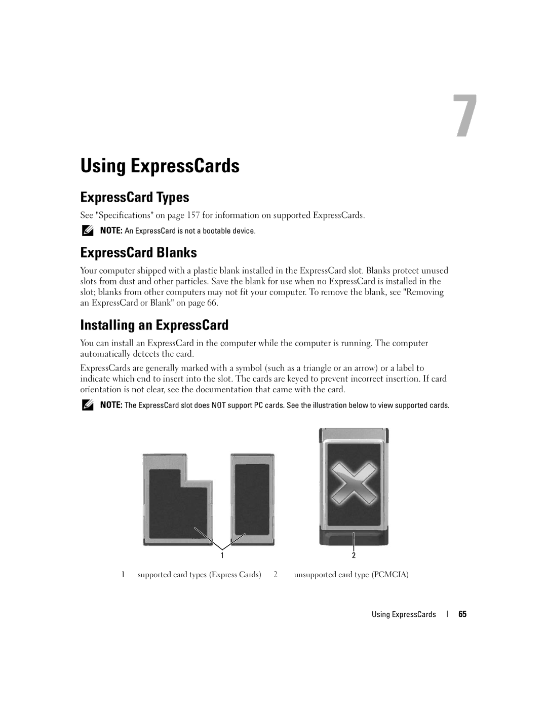 Dell PP19L manual Using ExpressCards, ExpressCard Types, ExpressCard Blanks, Installing an ExpressCard 