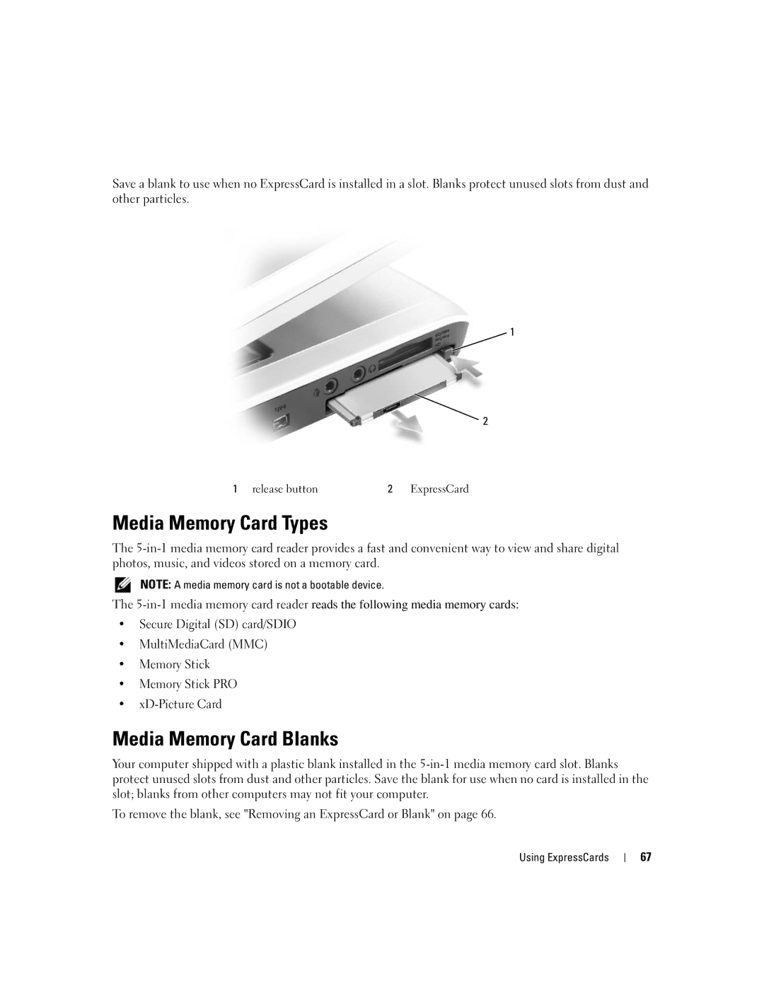 Dell PP19L manual Media Memory Card Types, Media Memory Card Blanks, Release button 