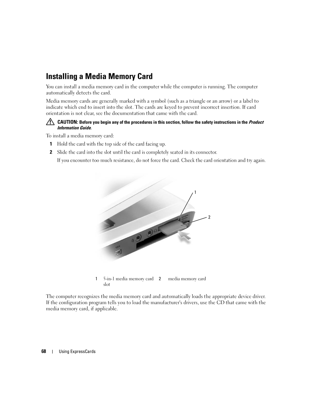 Dell PP19L manual Installing a Media Memory Card, In-1 media memory card 2 media memory card slot 