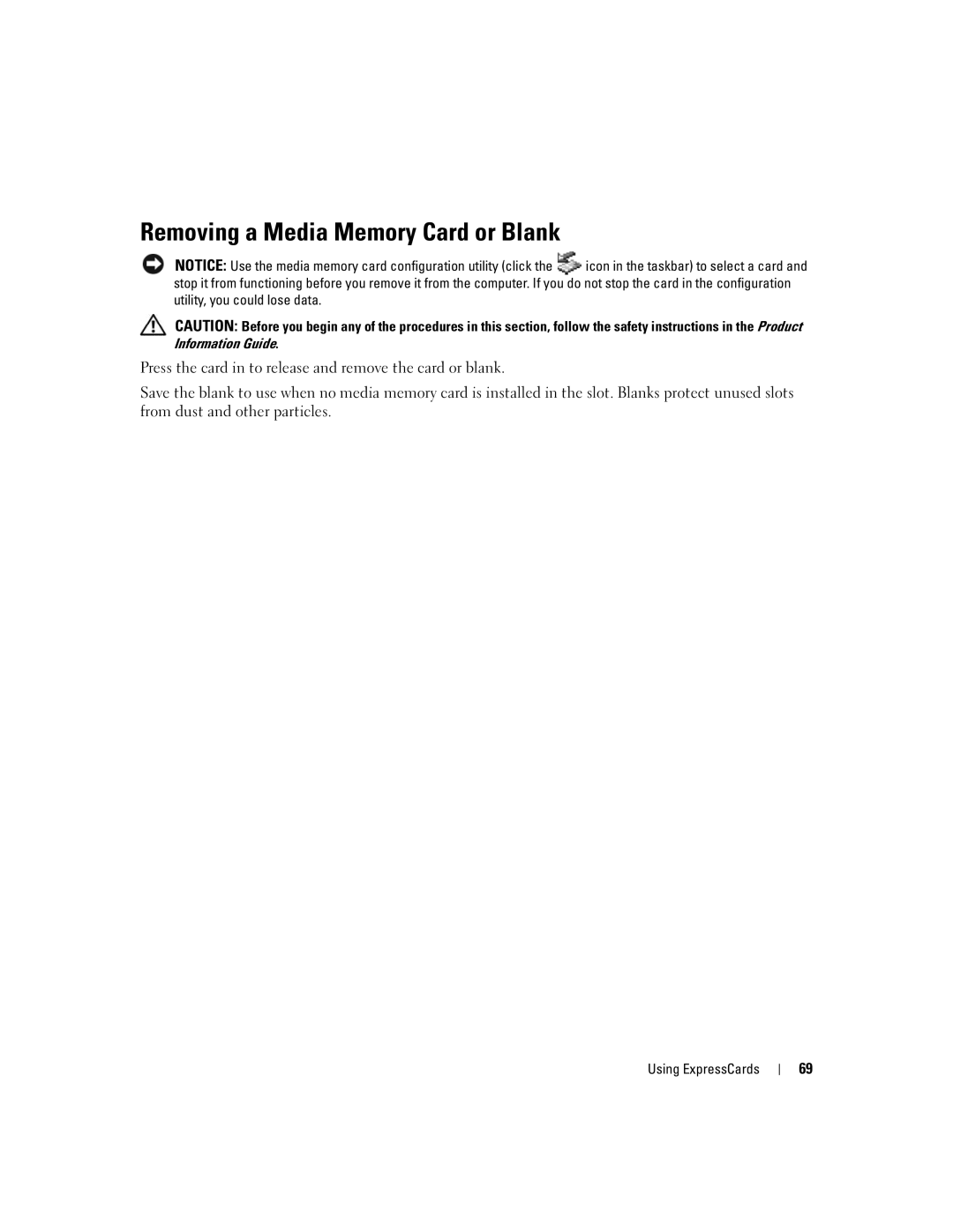 Dell PP19L manual Removing a Media Memory Card or Blank 