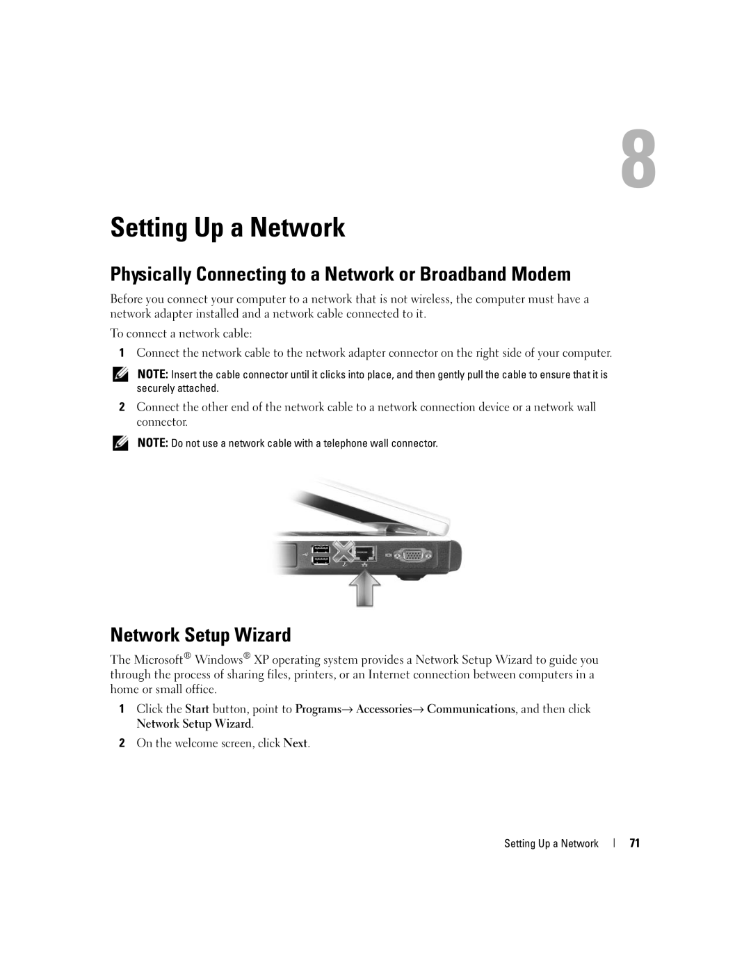 Dell PP19L manual Setting Up a Network, Physically Connecting to a Network or Broadband Modem, Network Setup Wizard 