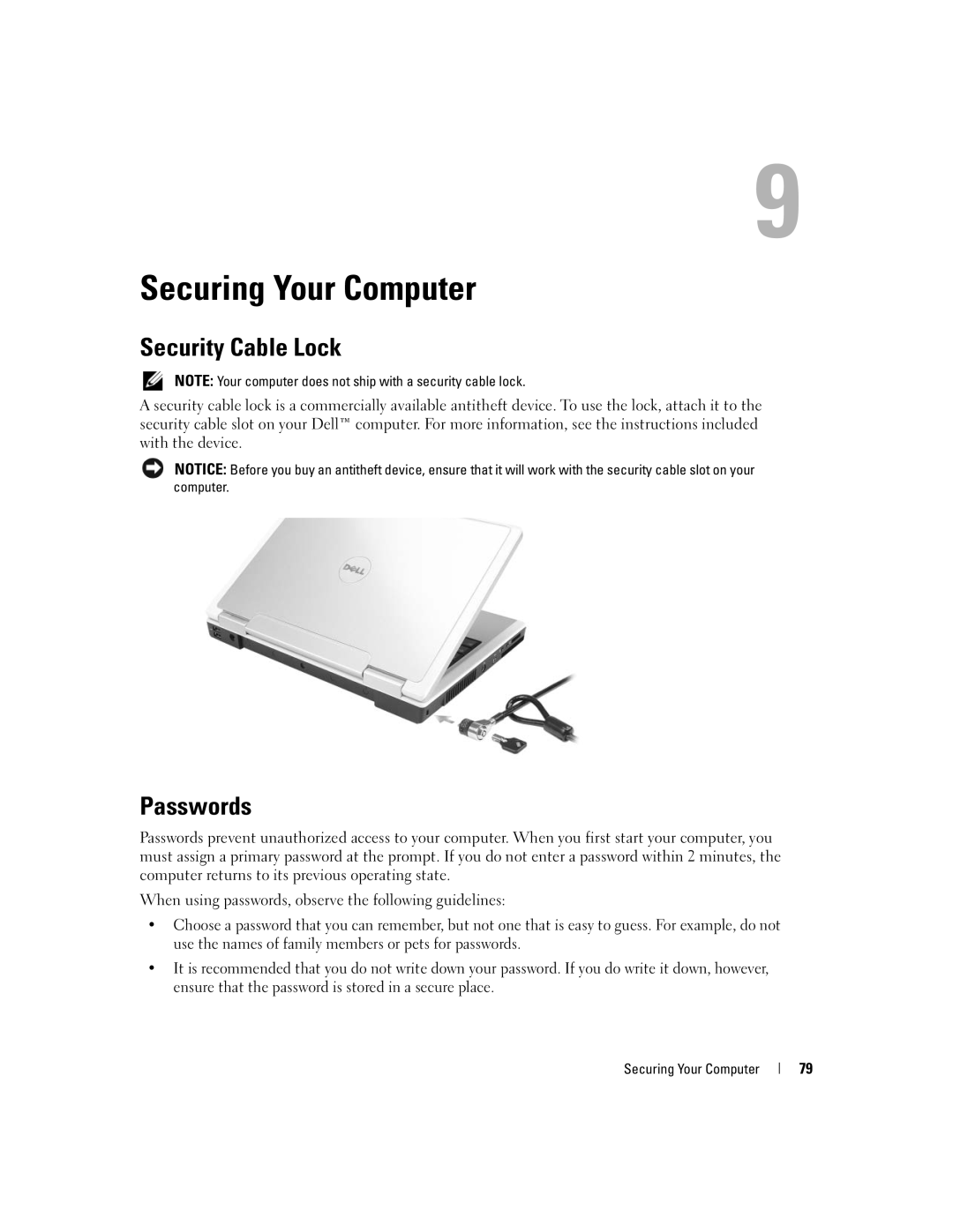 Dell PP19L manual Securing Your Computer, Security Cable Lock, Passwords 