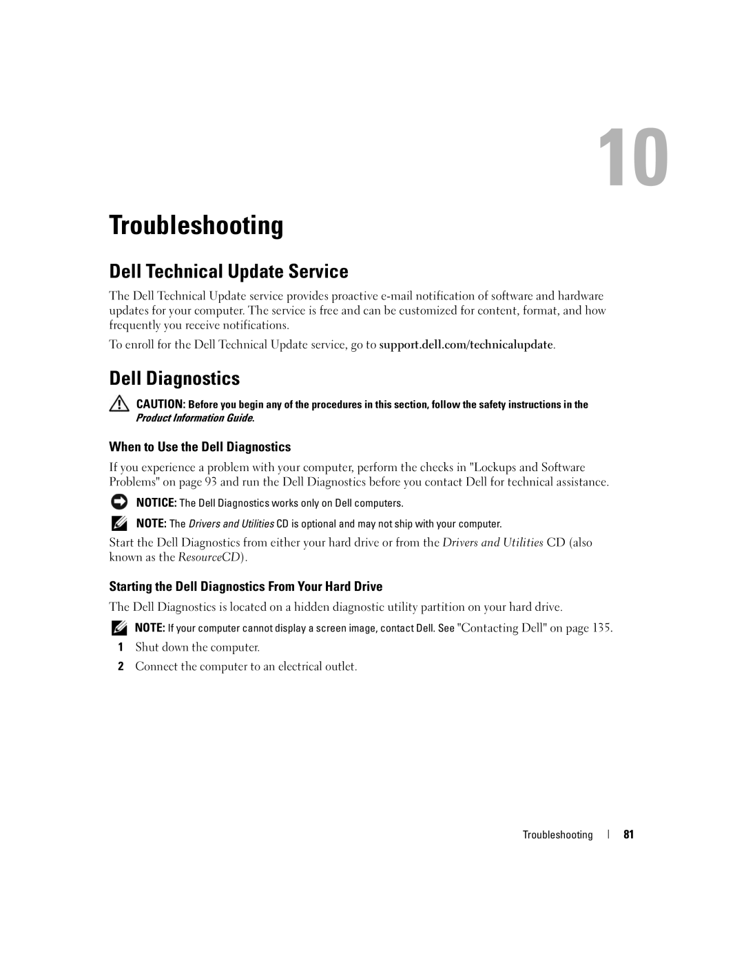 Dell PP19L manual Troubleshooting, Dell Technical Update Service, When to Use the Dell Diagnostics 