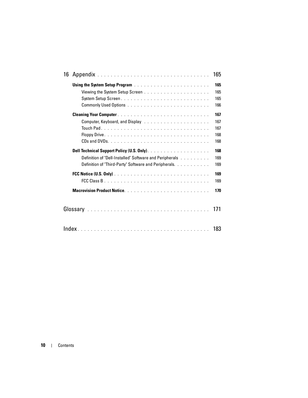 Dell PP19L owner manual 165, 166, 167, 168, 170 