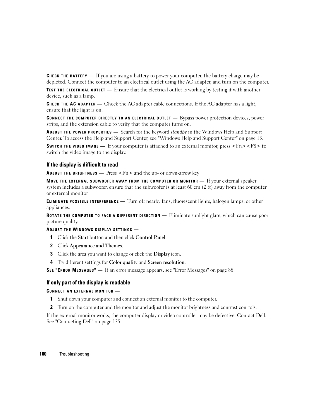 Dell PP19L owner manual If the display is difficult to read, If only part of the display is readable, 100 