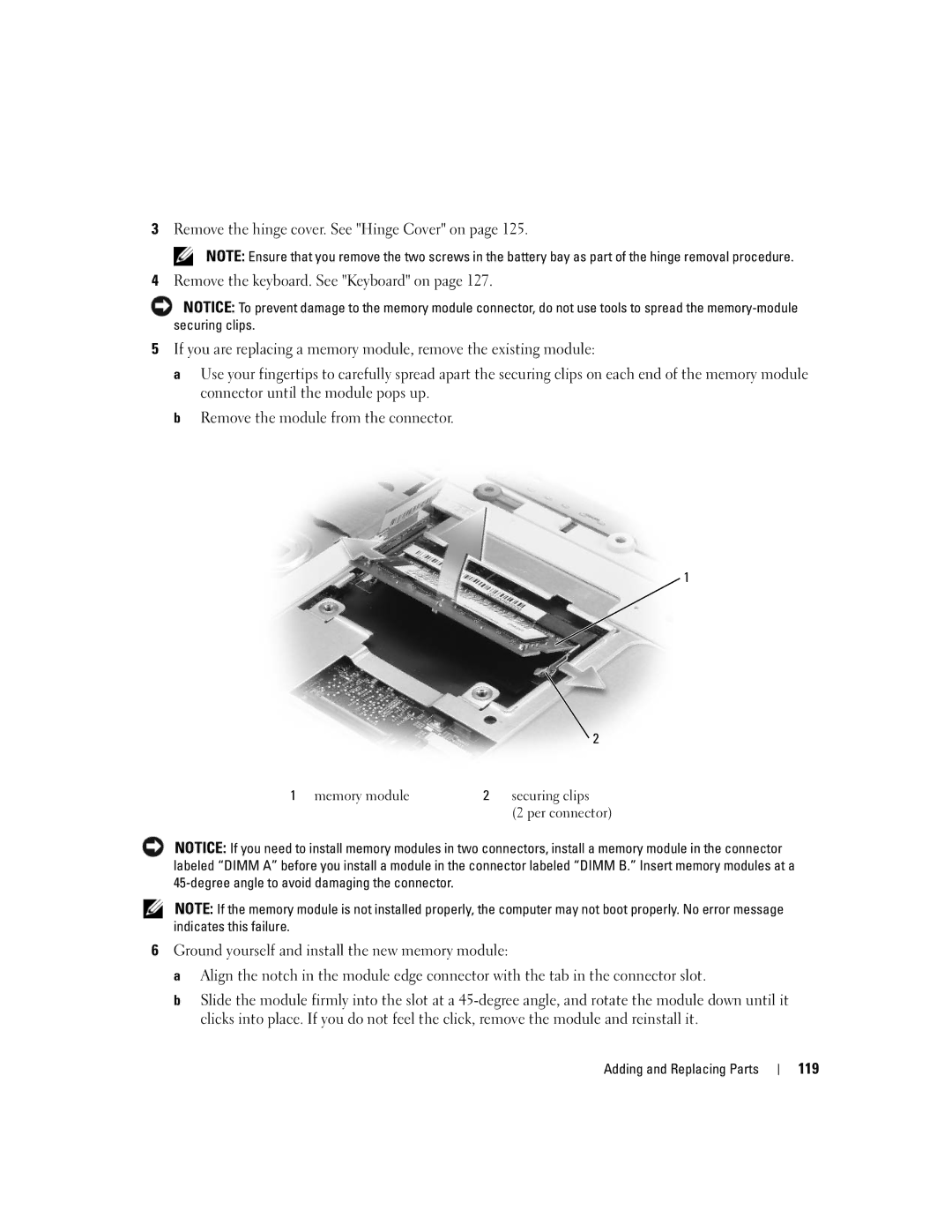 Dell PP19L owner manual 119, Memory module Securing clips Per connector 