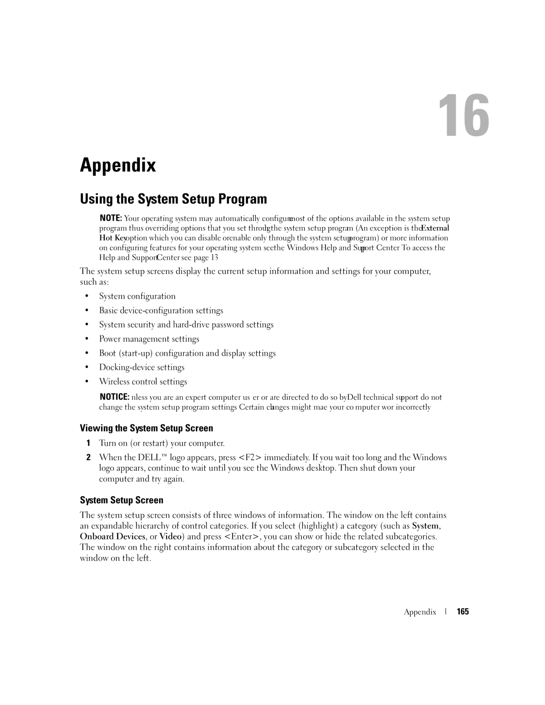 Dell PP19L owner manual Appendix, Using the System Setup Program, Viewing the System Setup Screen, 165 