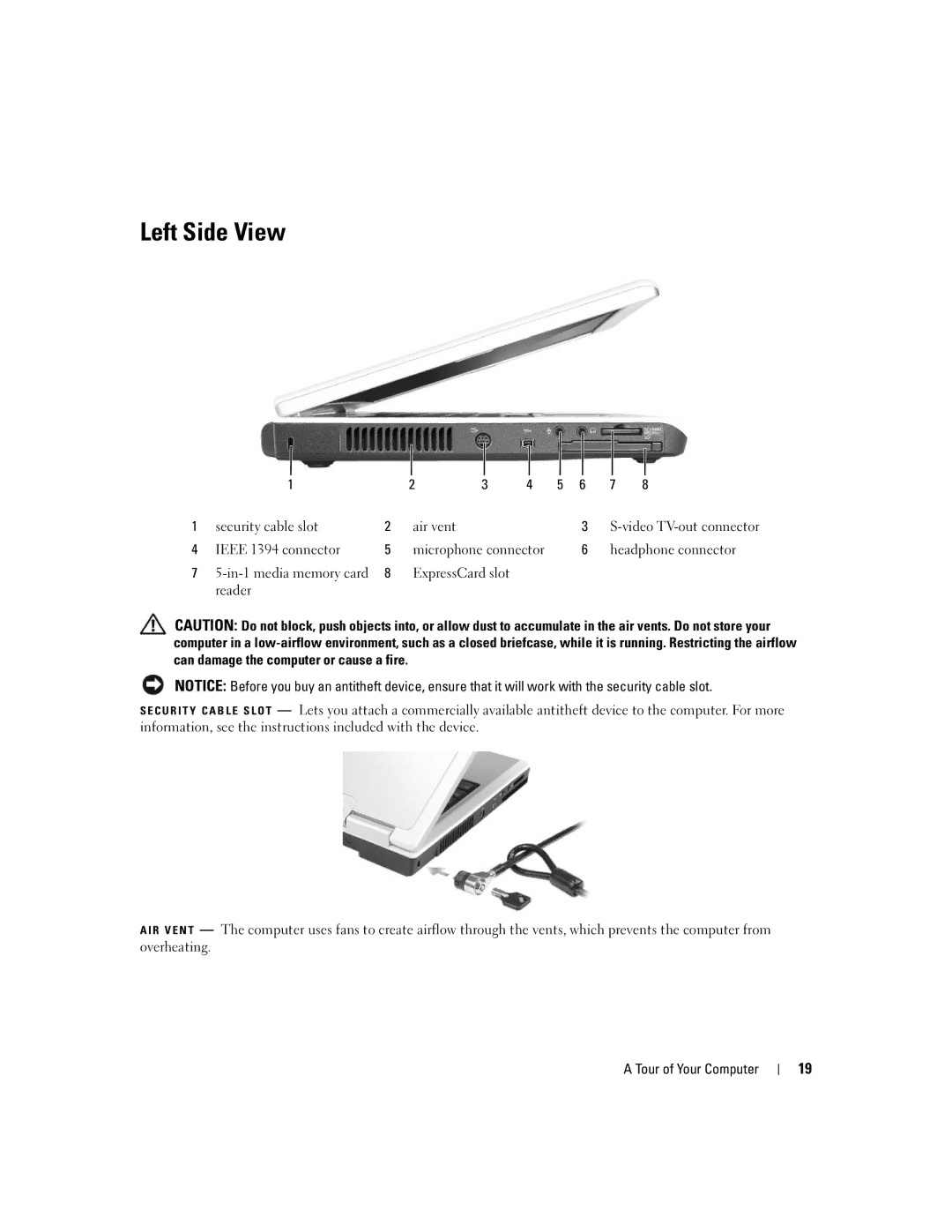 Dell PP19L owner manual Left Side View, Security cable slot Air vent, Ieee 1394 connector, Headphone connector 