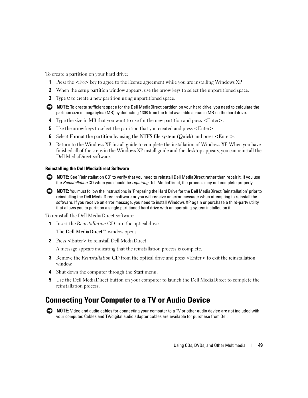 Dell PP19L owner manual Connecting Your Computer to a TV or Audio Device 