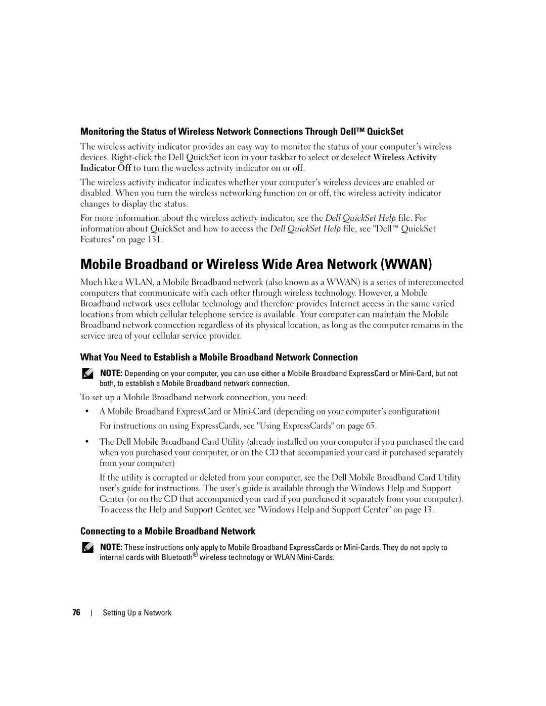 Dell PP19L owner manual Mobile Broadband or Wireless Wide Area Network Wwan, Connecting to a Mobile Broadband Network 