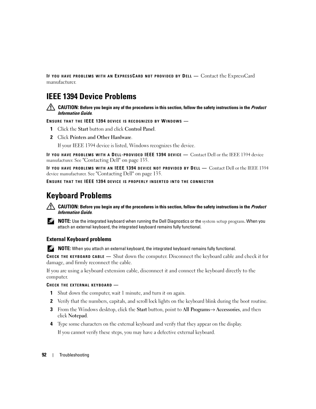 Dell PP19L owner manual Ieee 1394 Device Problems, Keyboard Problems, External Keyboard problems 
