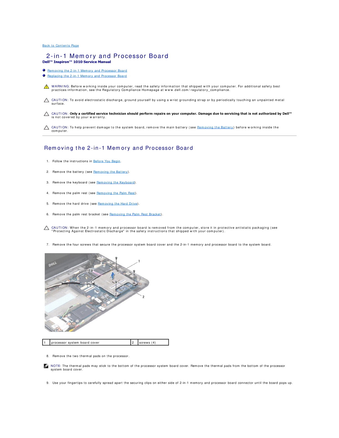 Dell PP19S manual In-1 Memory and Processor Board, Removing the 2-in-1 Memory and Processor Board 