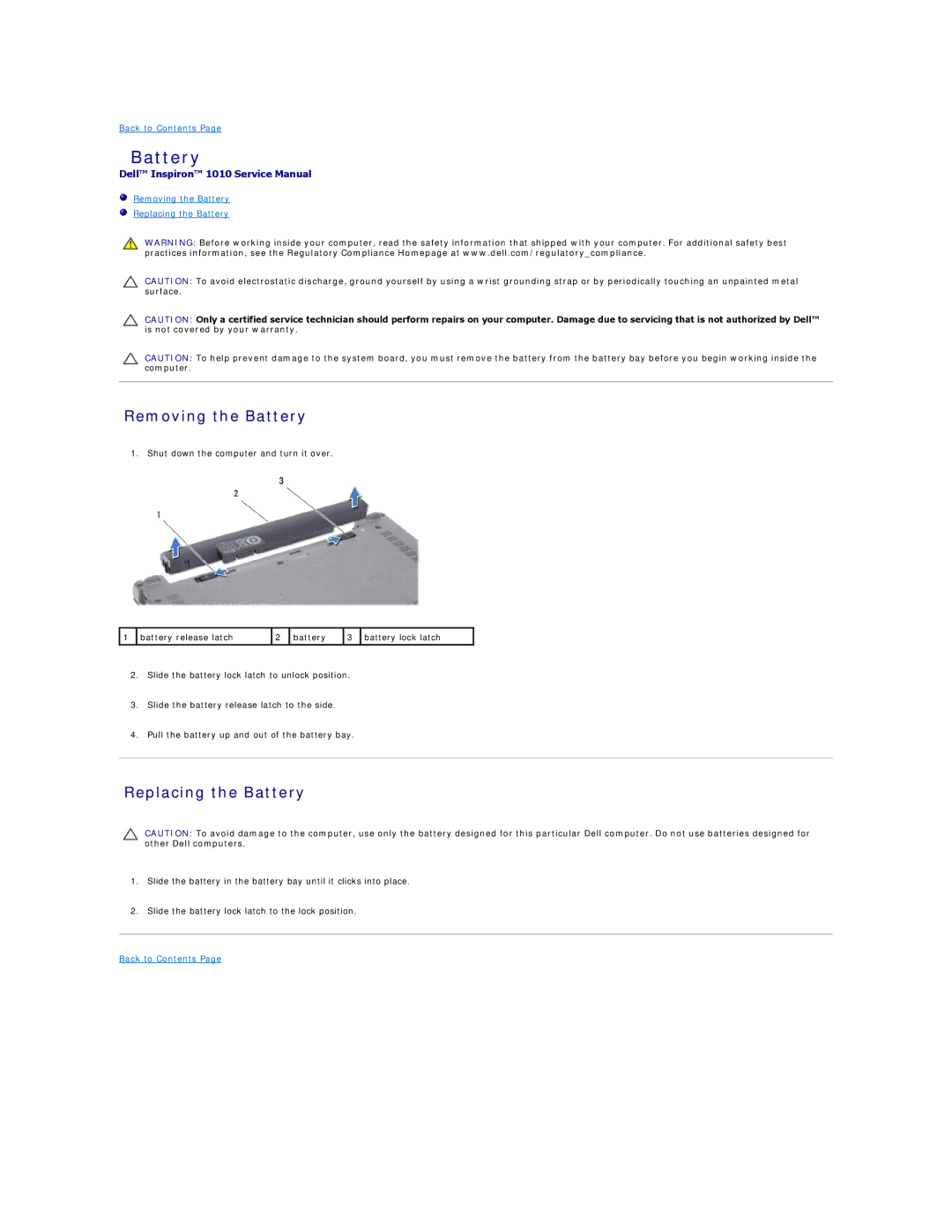 Dell PP19S manual Removing the Battery, Replacing the Battery 