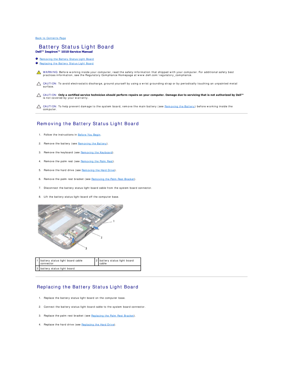 Dell PP19S manual Removing the Battery Status Light Board, Replacing the Battery Status Light Board 