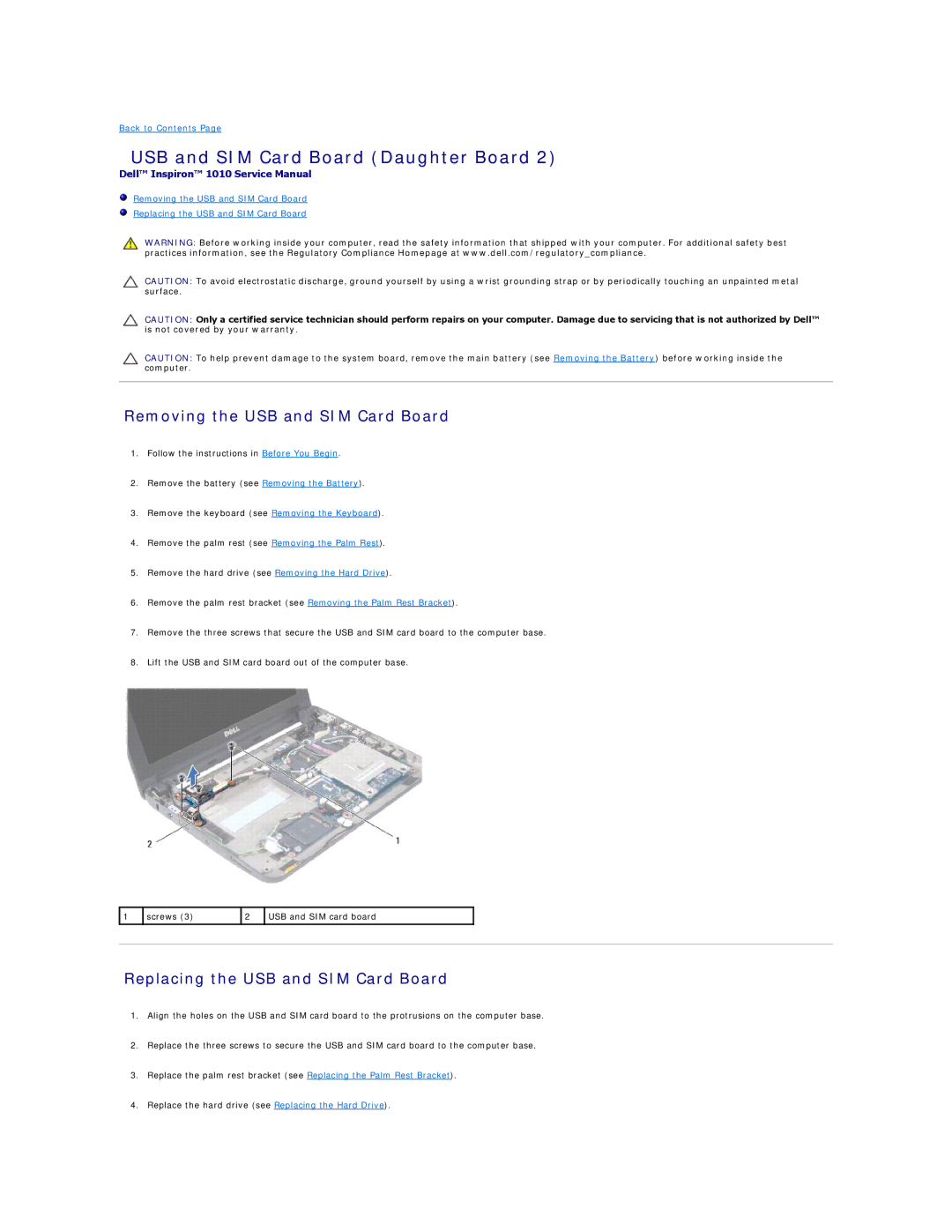 Dell PP19S manual USB and SIM Card Board Daughter Board, Removing the USB and SIM Card Board 