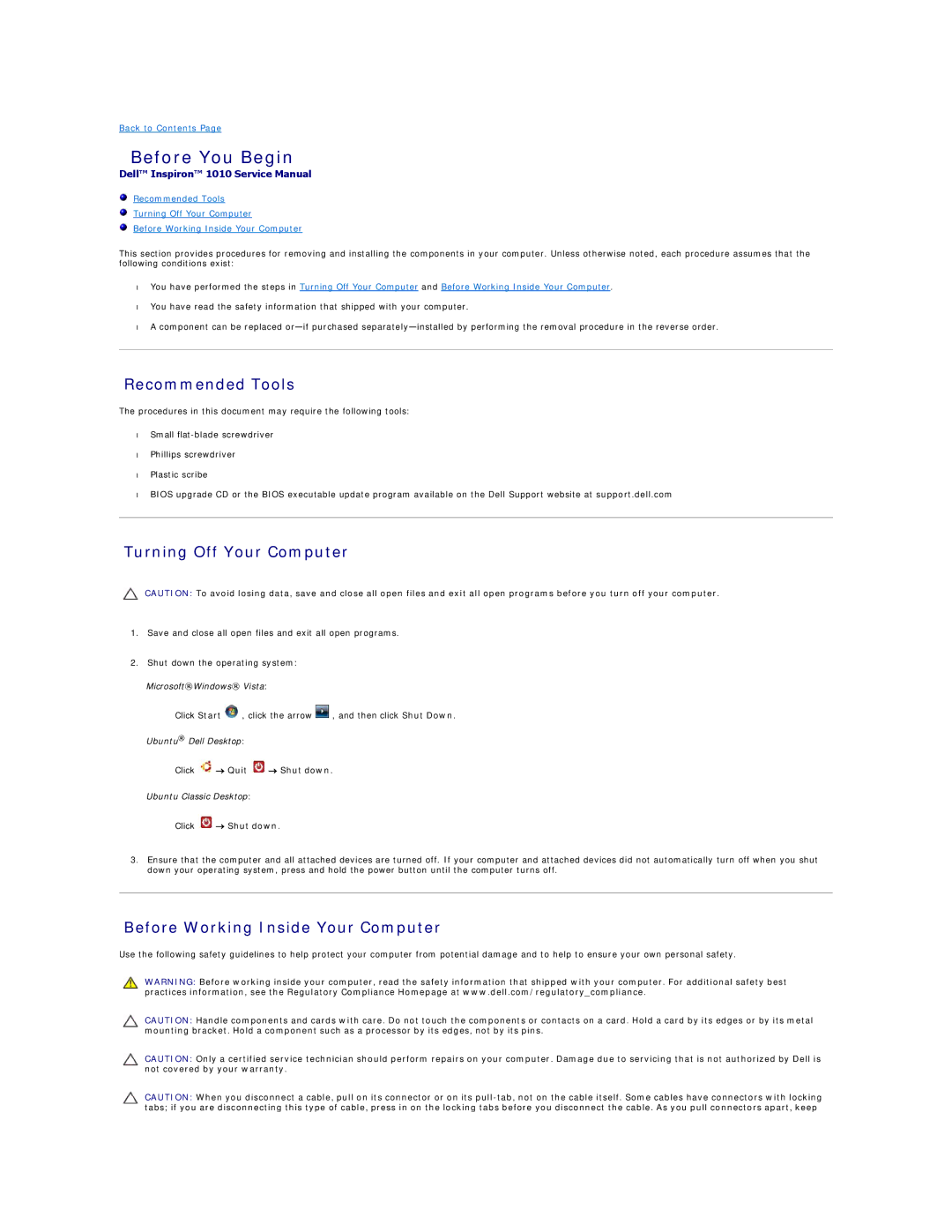Dell PP19S manual Before You Begin, Recommended Tools, Turning Off Your Computer, Before Working Inside Your Computer 
