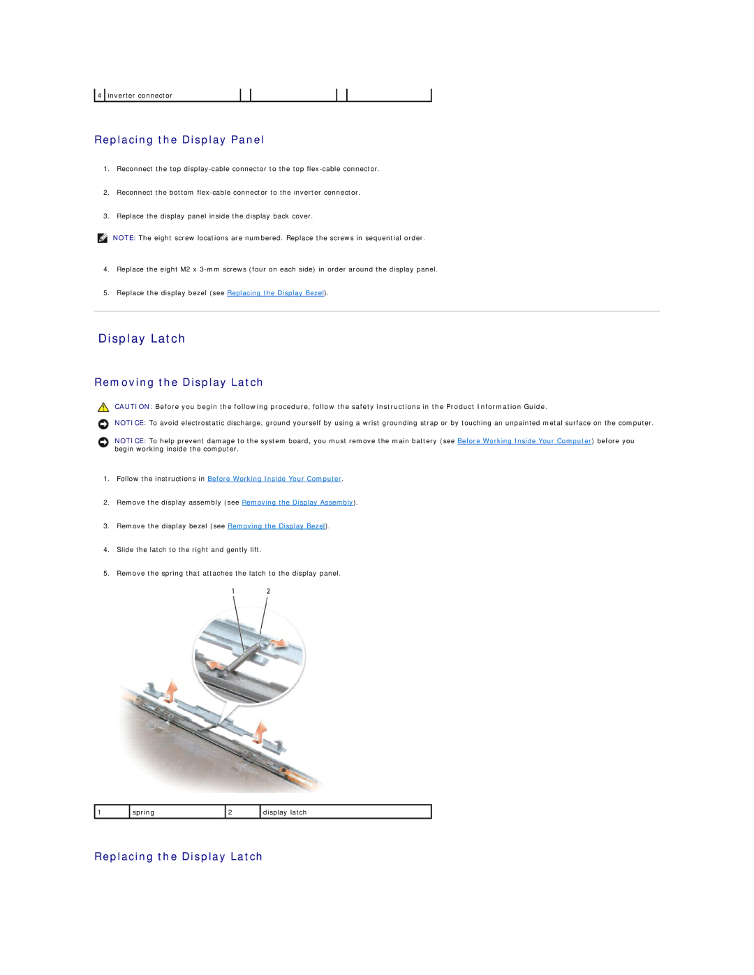 Dell PP20L owner manual Display Latch, Replacing the Display Panel 