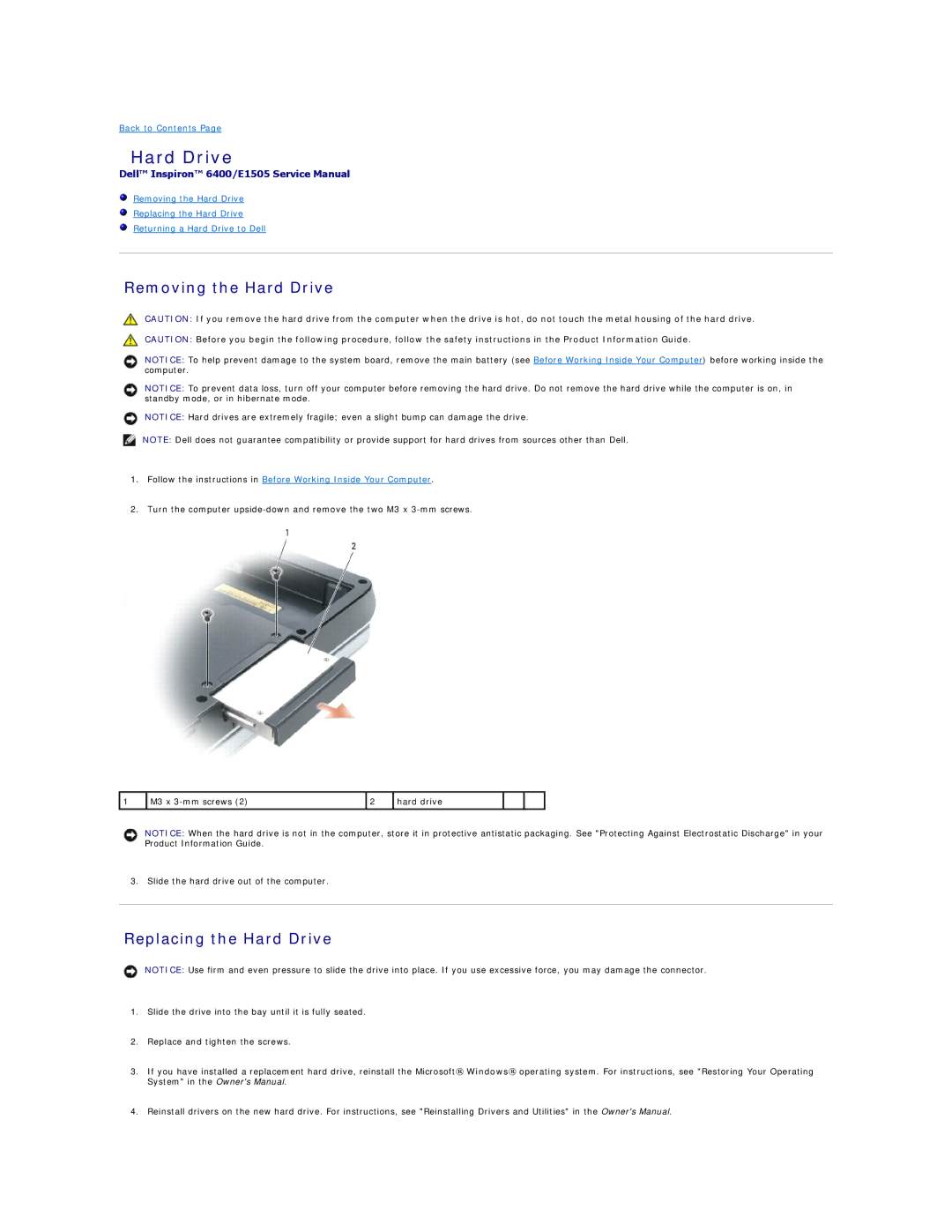 Dell PP20L owner manual Removing the Hard Drive, Replacing the Hard Drive 