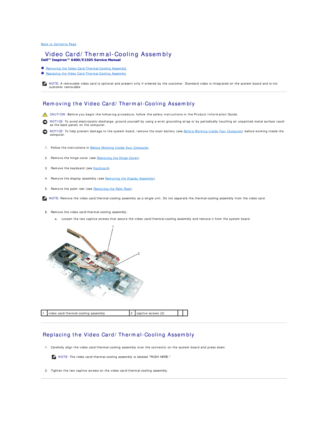Dell PP20L Removing the Video Card/Thermal-Cooling Assembly, Replacing the Video Card/Thermal-Cooling Assembly 