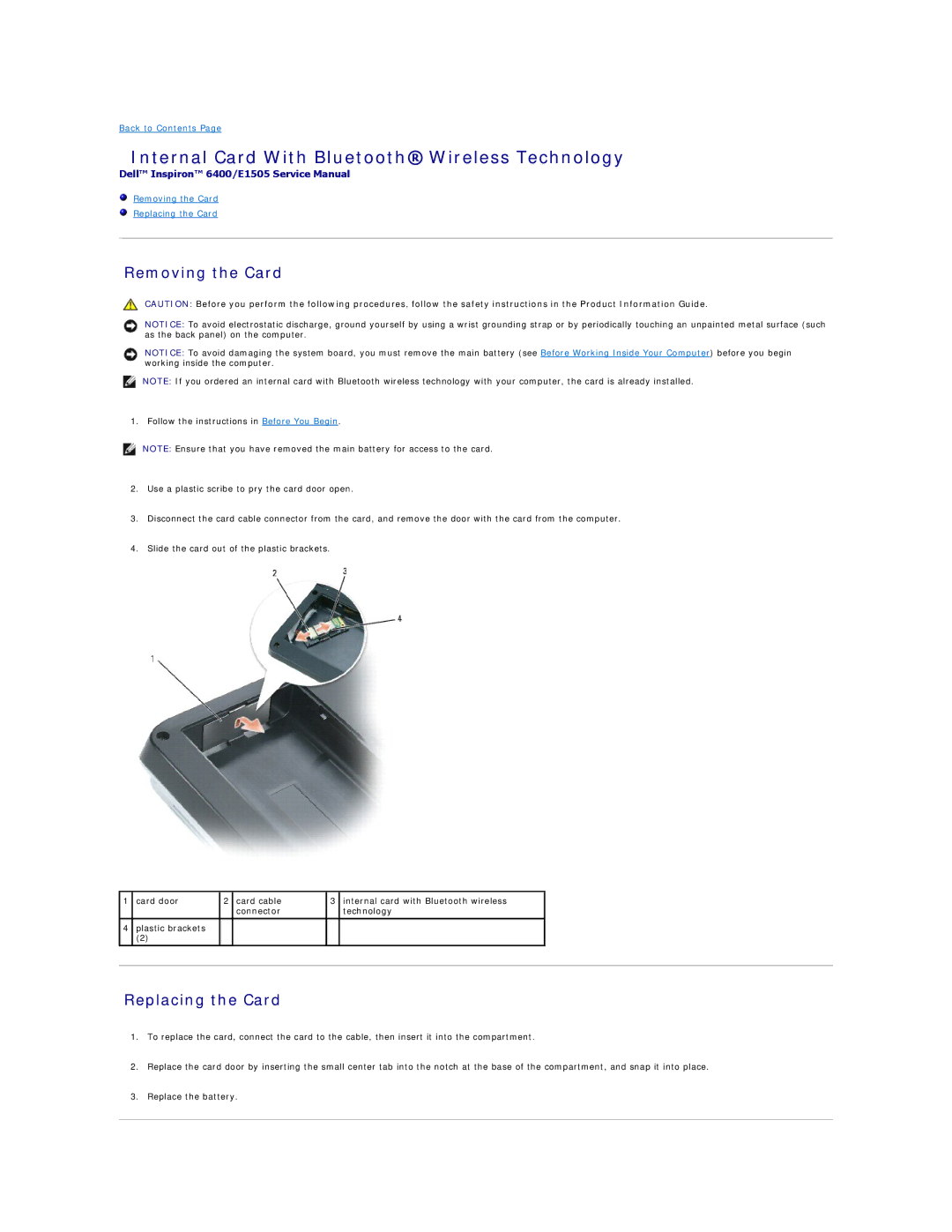 Dell PP20L owner manual Internal Card With Bluetooth Wireless Technology, Removing the Card, Replacing the Card 