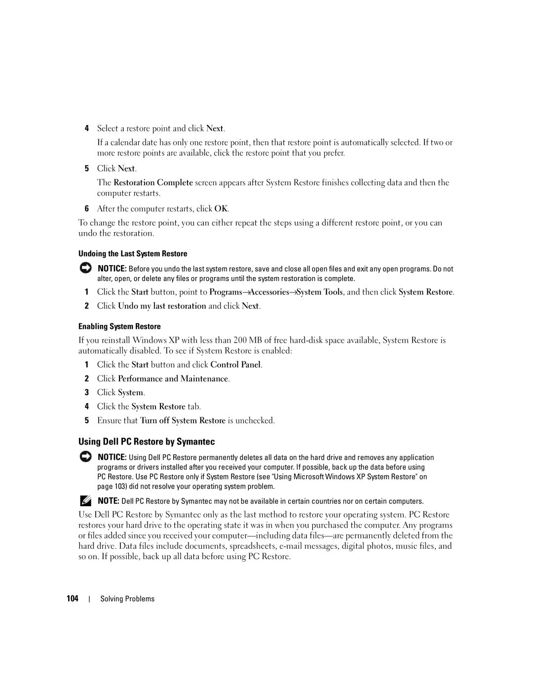 Dell PP20L owner manual Using Dell PC Restore by Symantec, 104 