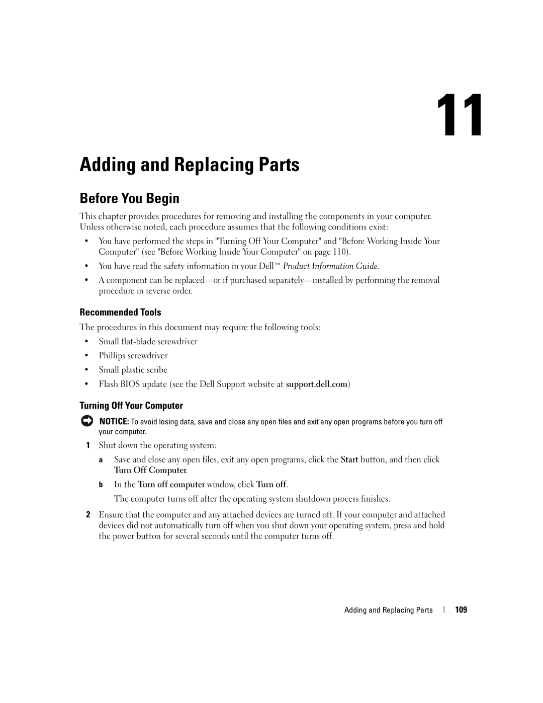 Dell PP20L owner manual Adding and Replacing Parts, Before You Begin, Recommended Tools, Turning Off Your Computer 