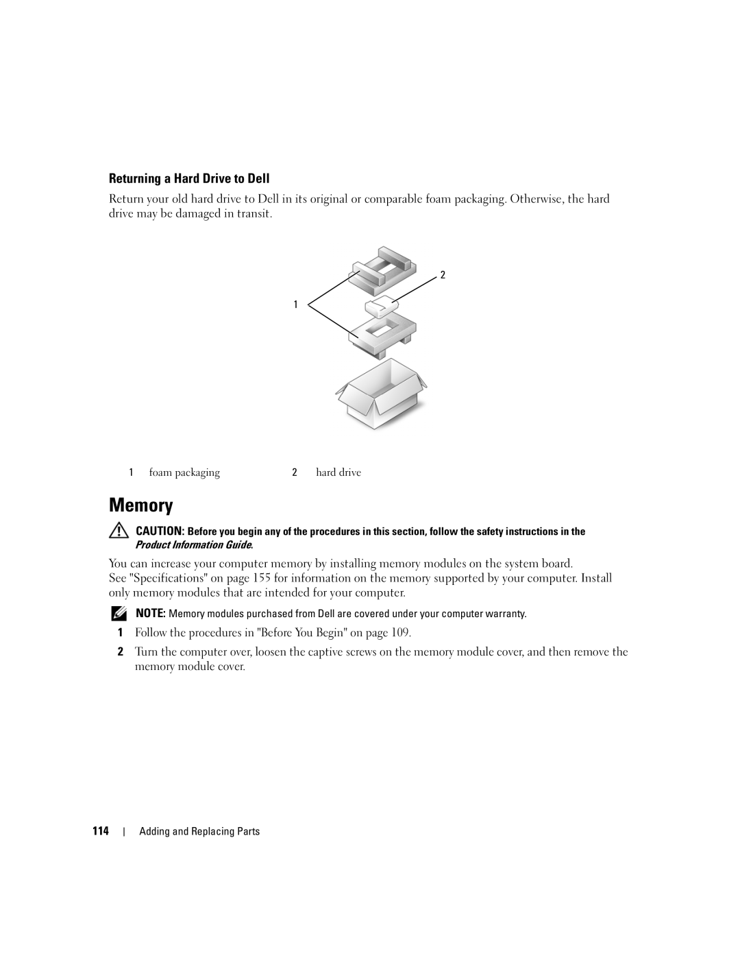 Dell PP20L owner manual Memory, Returning a Hard Drive to Dell 