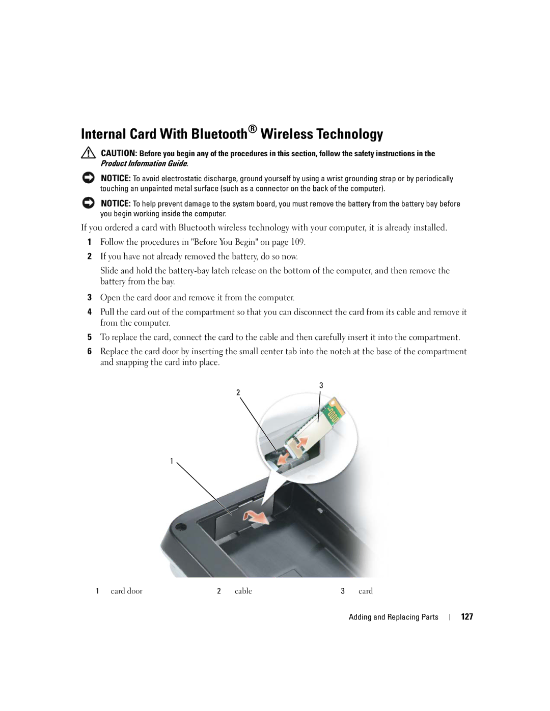 Dell PP20L owner manual Internal Card With Bluetooth Wireless Technology, 127 