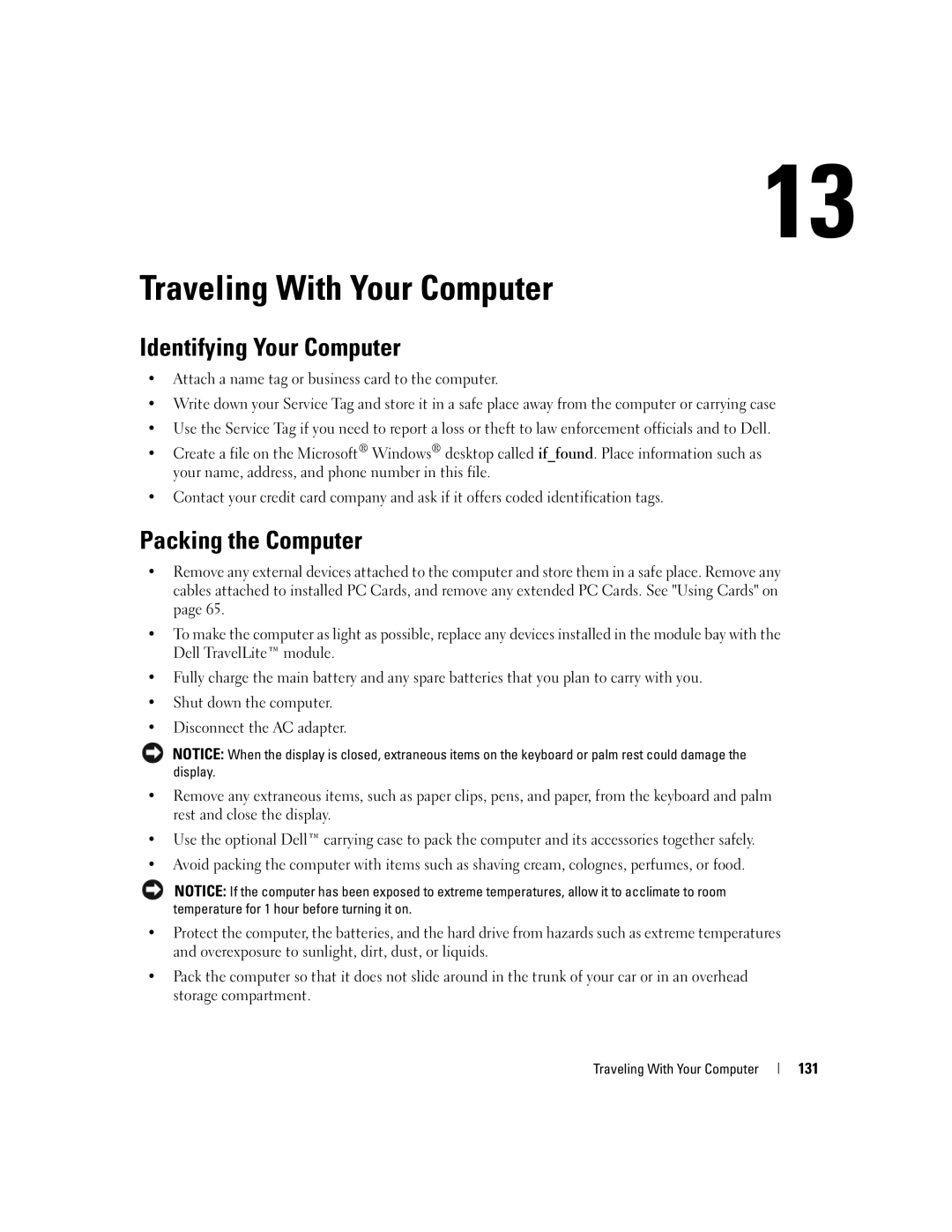 Dell PP20L owner manual Traveling With Your Computer, Identifying Your Computer, Packing the Computer, 131 