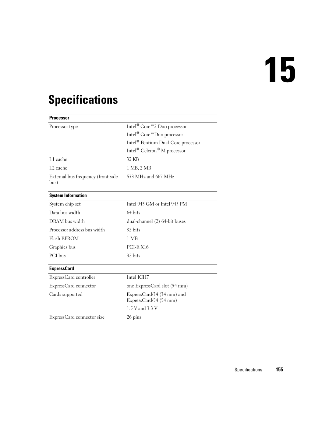 Dell PP20L owner manual Specifications, 155 