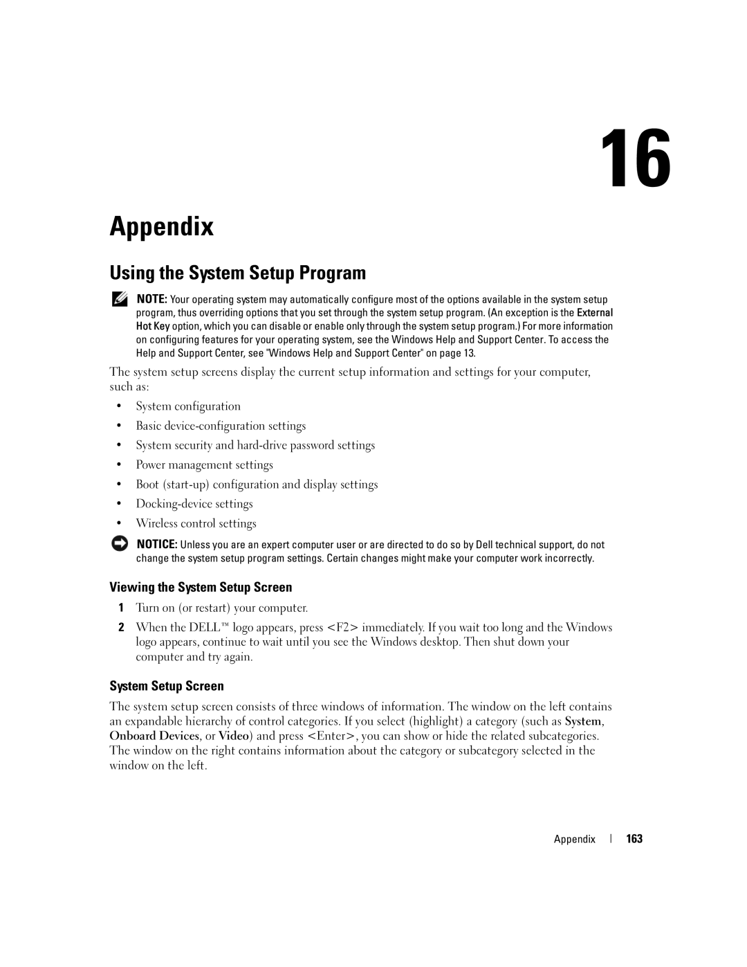 Dell PP20L owner manual Appendix, Using the System Setup Program, Viewing the System Setup Screen, 163 