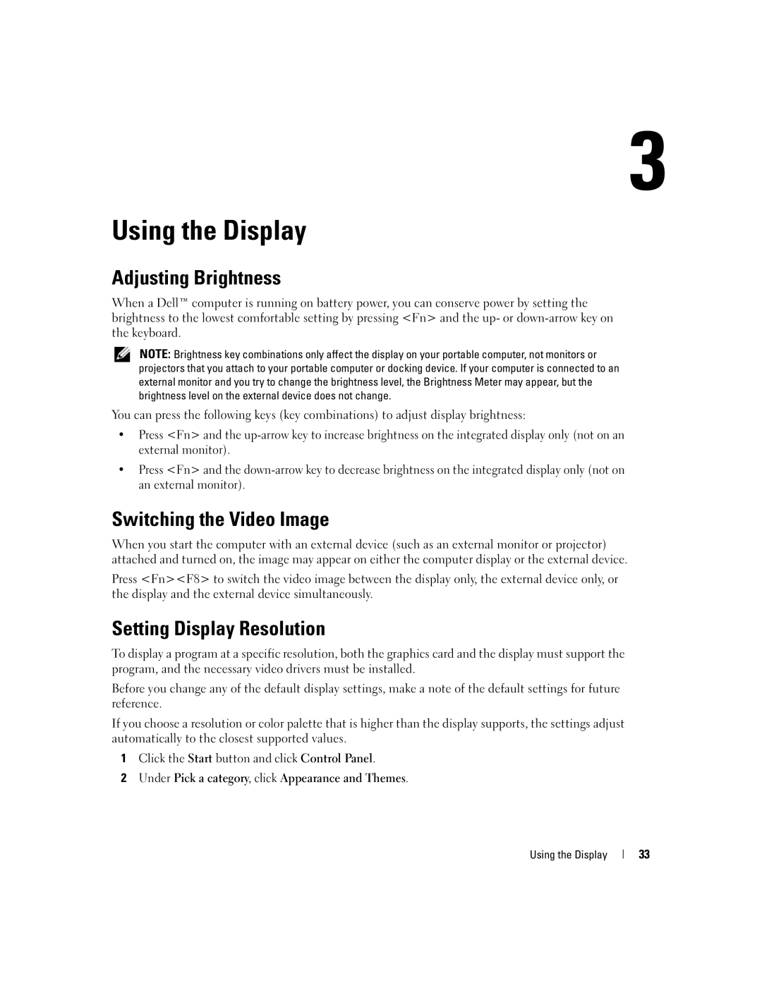 Dell PP20L owner manual Using the Display, Adjusting Brightness, Switching the Video Image, Setting Display Resolution 