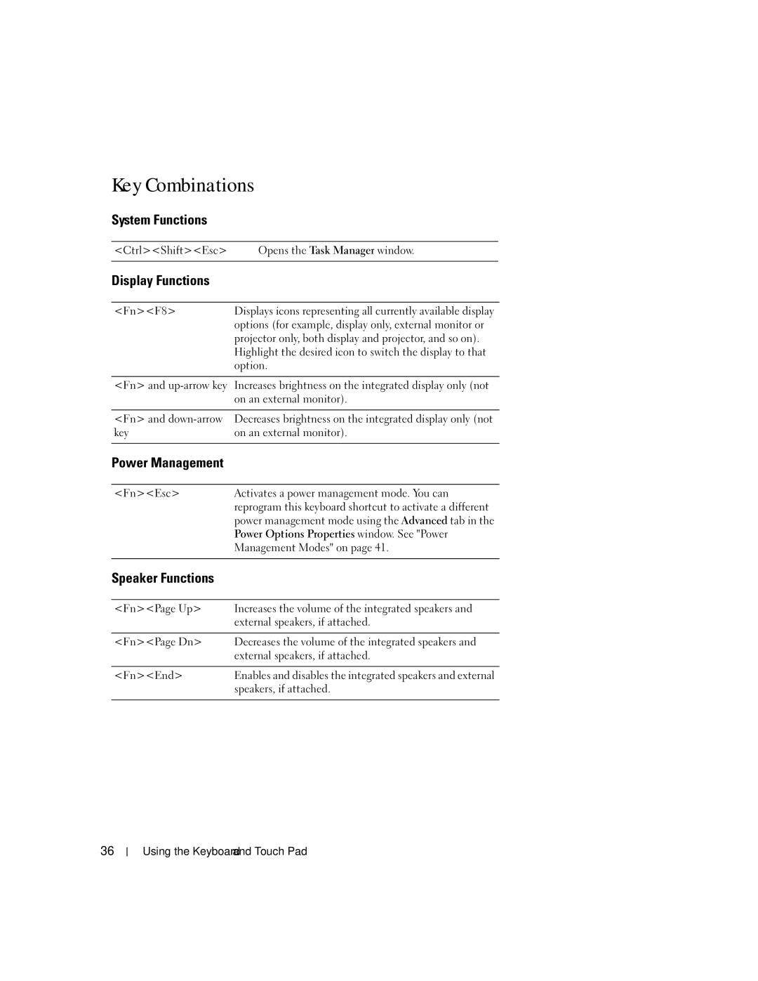 Dell PP20L owner manual Key Combinations, System Functions, Display Functions, Power Management, Speaker Functions 