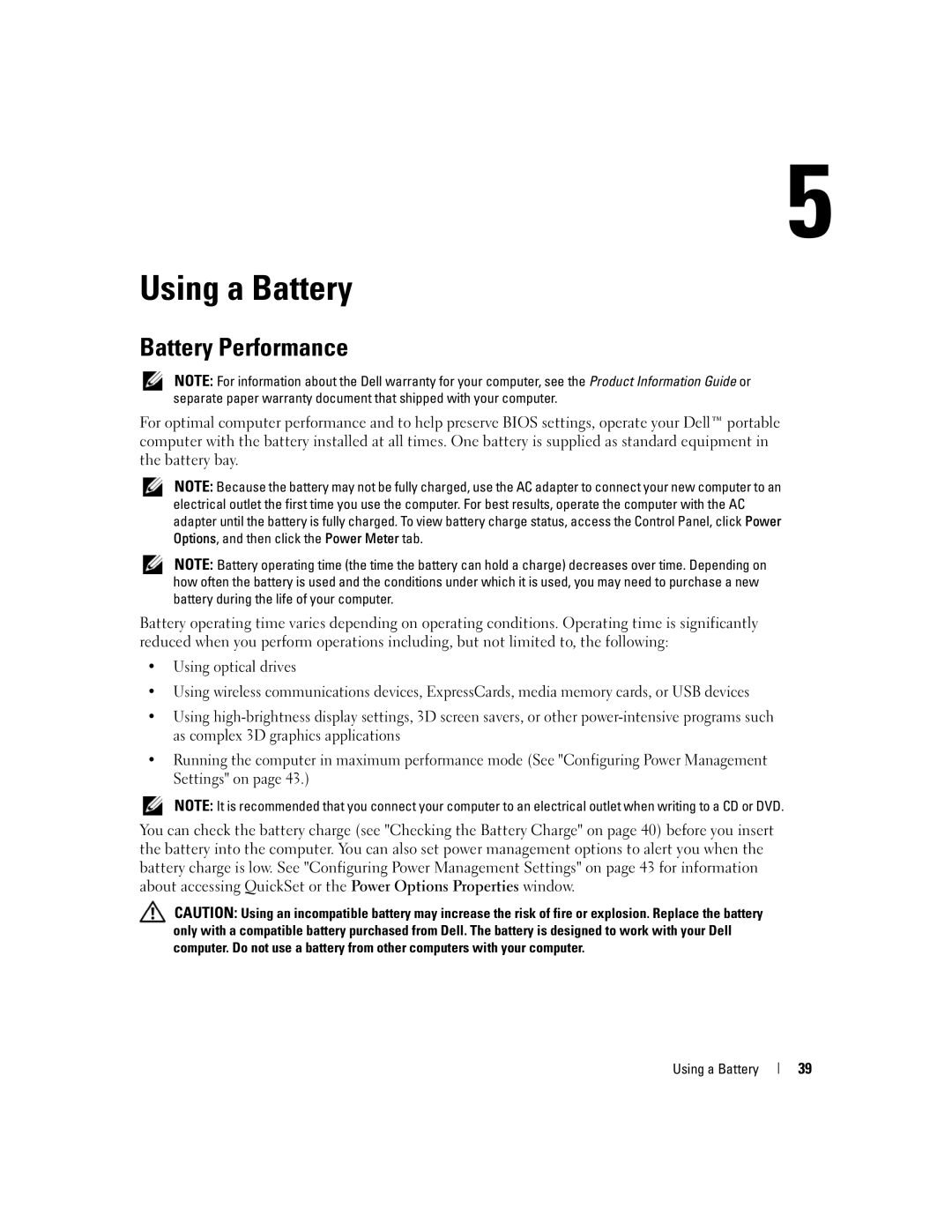 Dell PP20L owner manual Using a Battery, Battery Performance 