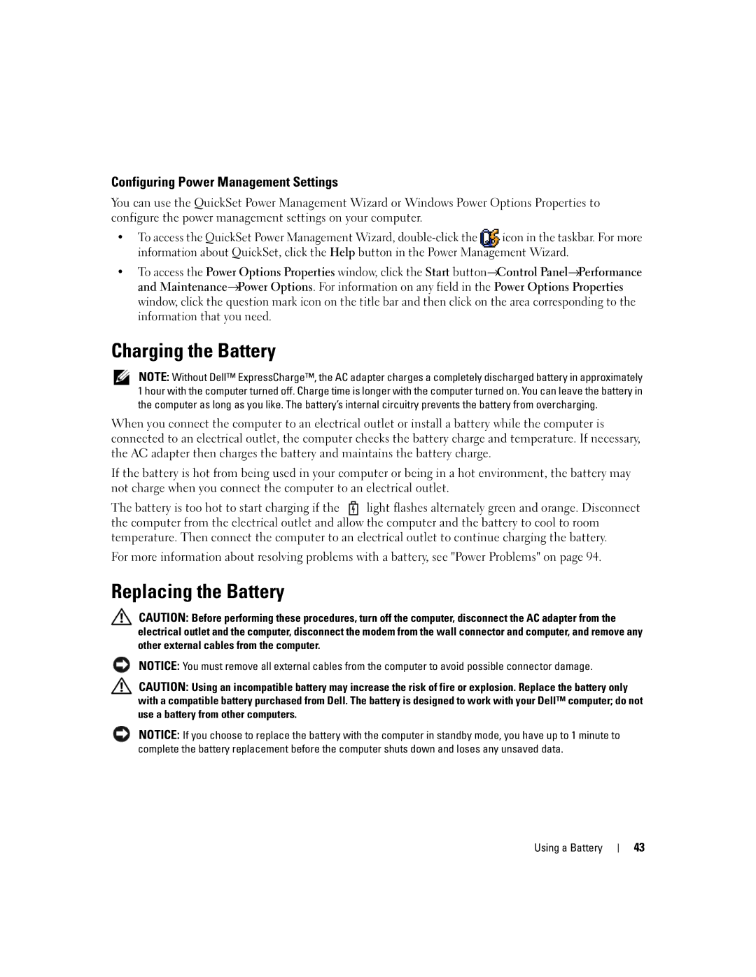 Dell PP20L owner manual Charging the Battery, Replacing the Battery, Configuring Power Management Settings 