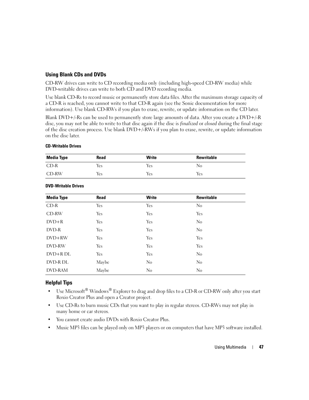 Dell PP20L owner manual Using Blank CDs and DVDs, Helpful Tips, CD-Writable Drives Media Type Read Write Rewritable 