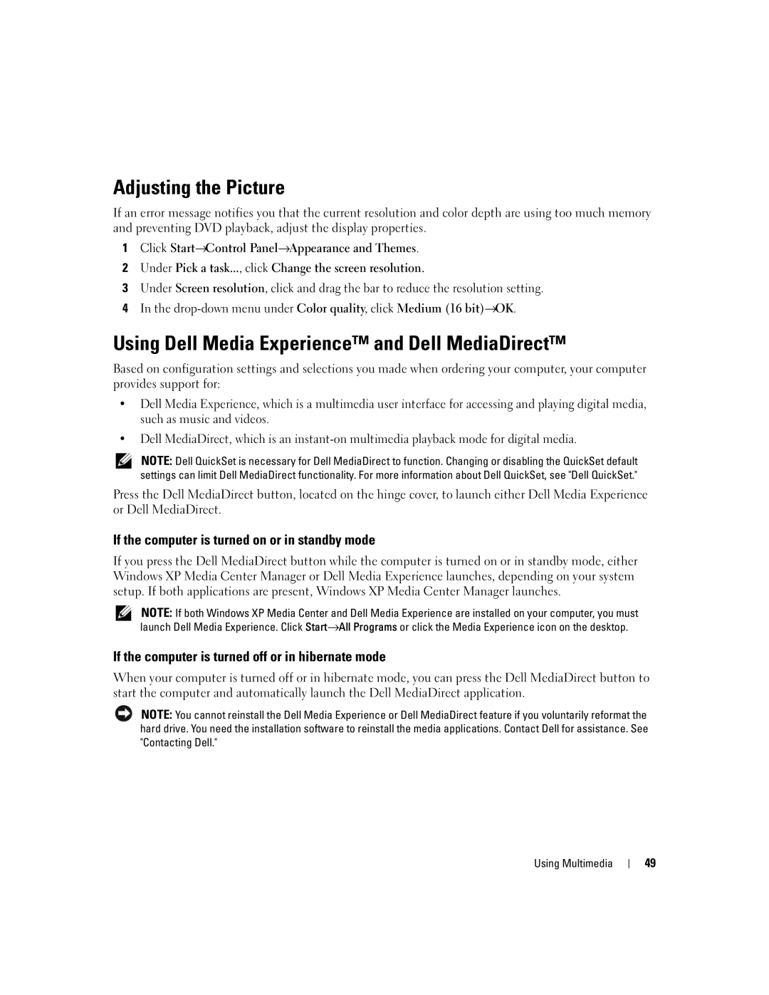 Dell PP20L owner manual Adjusting the Picture, Using Dell Media Experience and Dell MediaDirect 