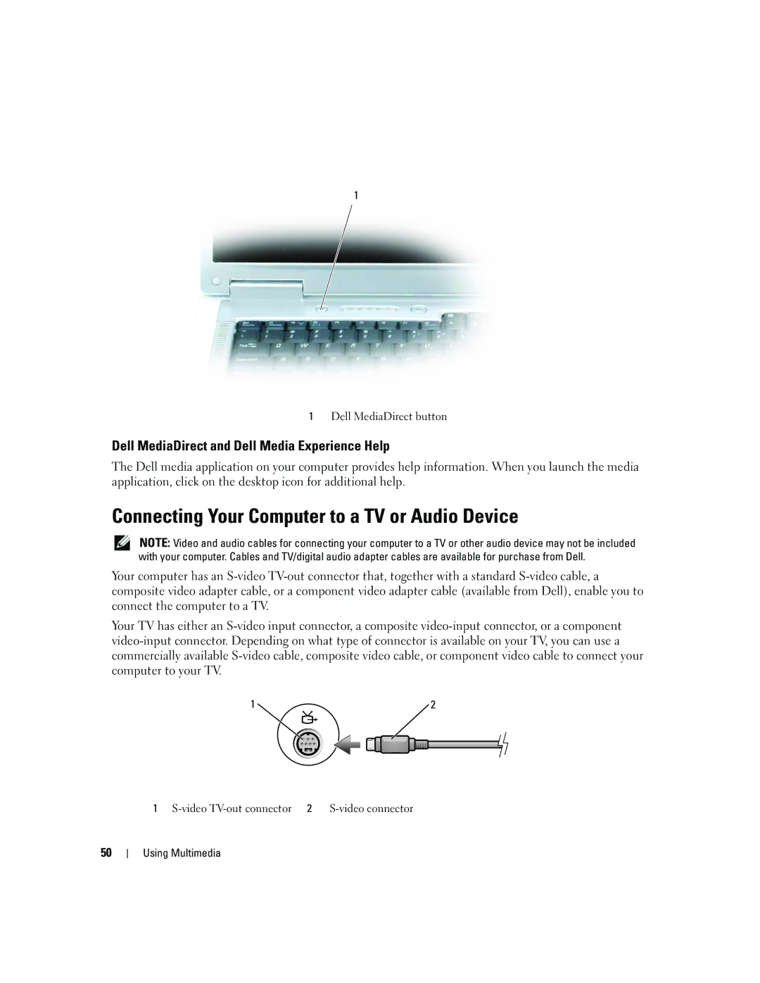 Dell PP20L owner manual Connecting Your Computer to a TV or Audio Device, Dell MediaDirect and Dell Media Experience Help 