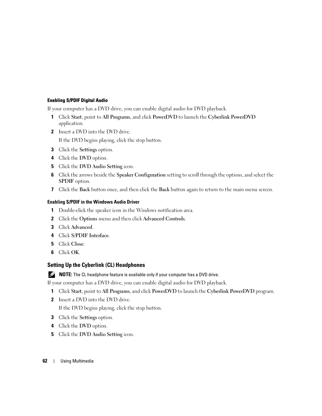 Dell PP20L owner manual Setting Up the Cyberlink CL Headphones, Enabling S/PDIF Digital Audio 