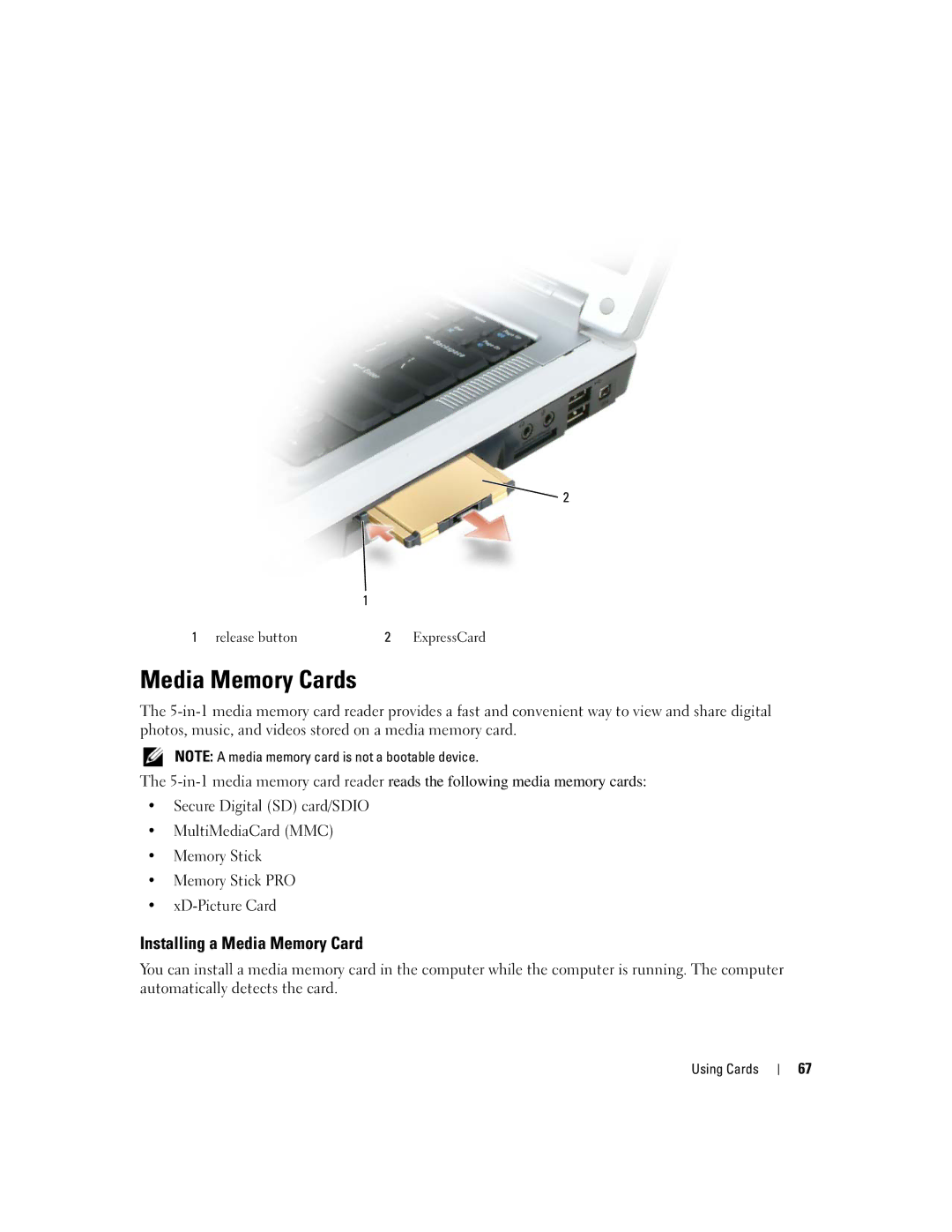 Dell PP20L owner manual Media Memory Cards, Installing a Media Memory Card 