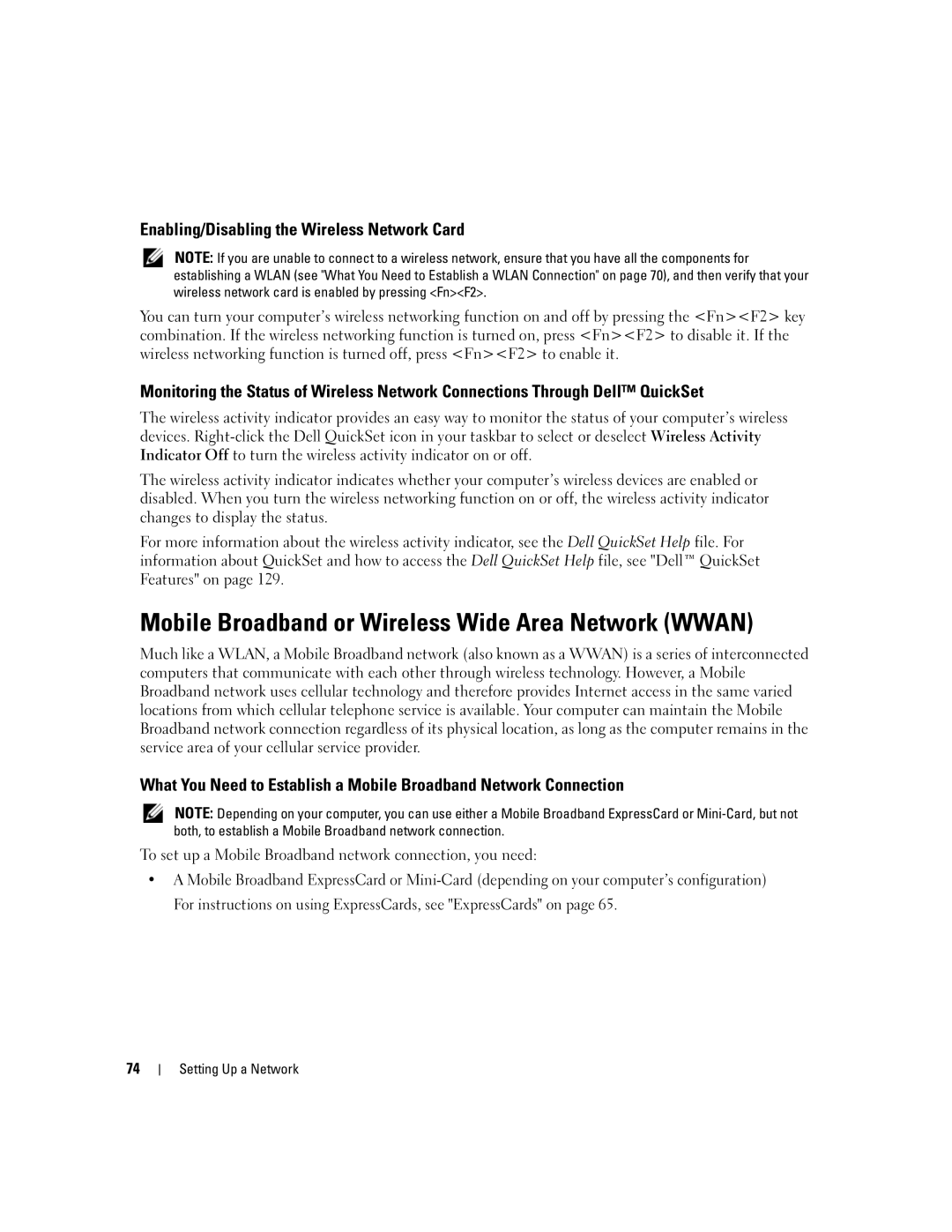 Dell PP20L owner manual Mobile Broadband or Wireless Wide Area Network Wwan, Enabling/Disabling the Wireless Network Card 