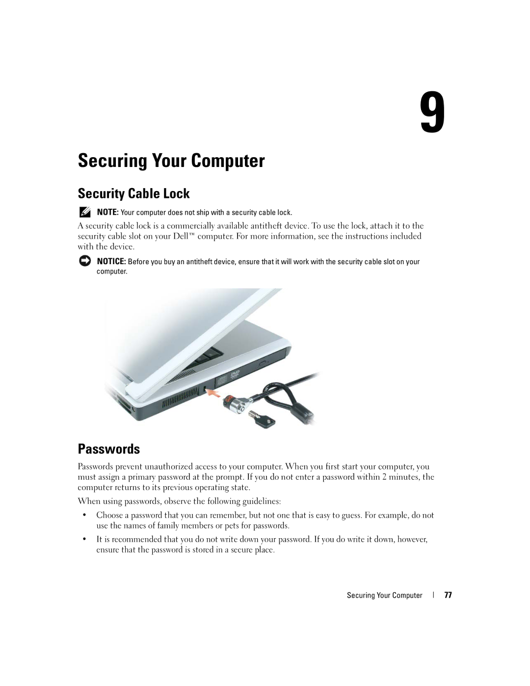 Dell PP20L owner manual Securing Your Computer, Security Cable Lock, Passwords 