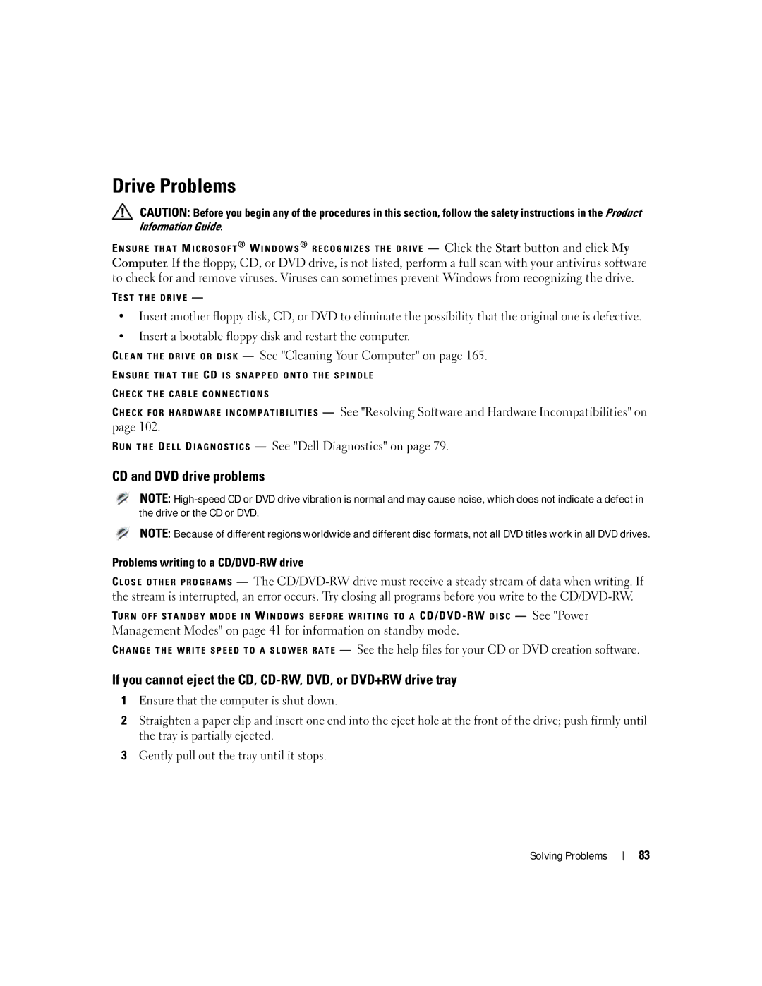 Dell PP20L owner manual Drive Problems, CD and DVD drive problems, Problems writing to a CD/DVD-RW drive 