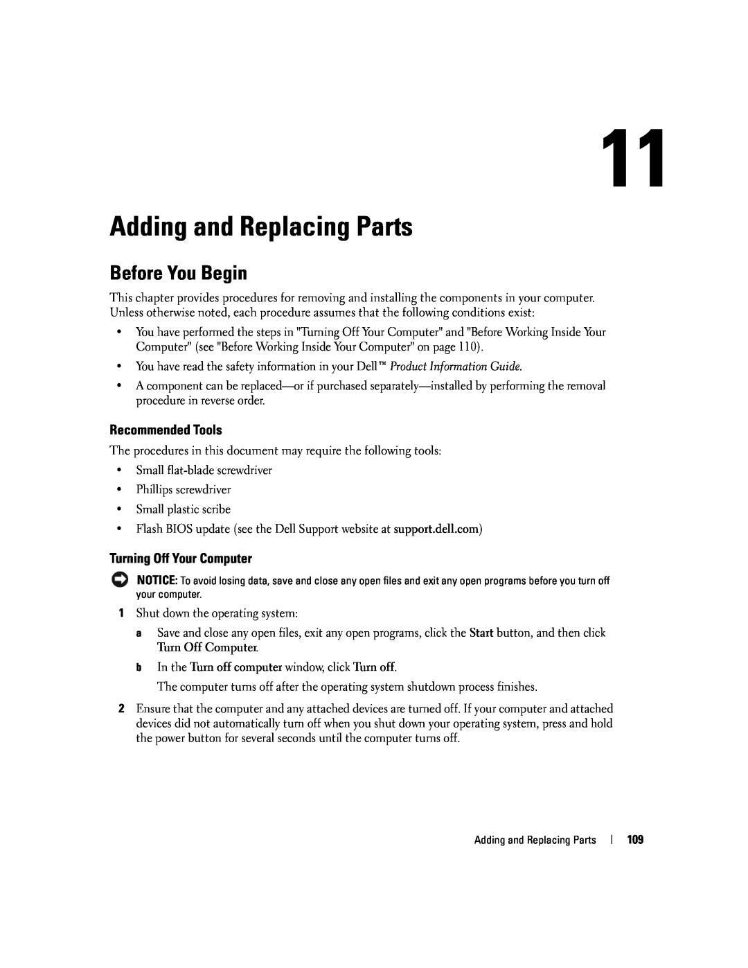 Dell PP20L owner manual Adding and Replacing Parts, Before You Begin, Recommended Tools, Turning Off Your Computer 