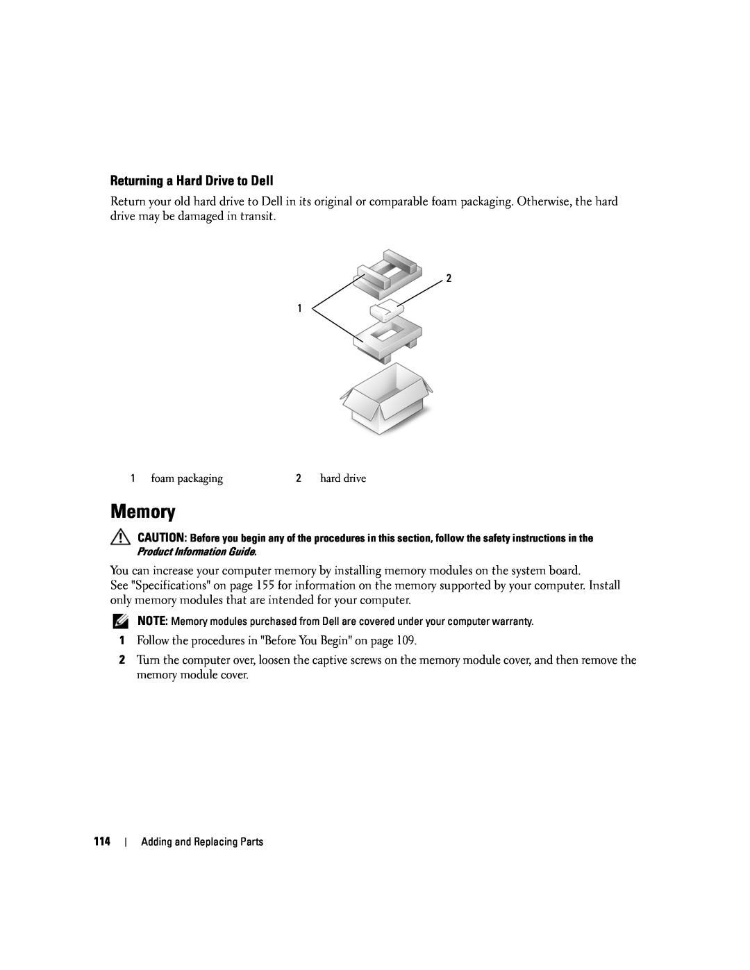 Dell PP20L owner manual Memory, Returning a Hard Drive to Dell 
