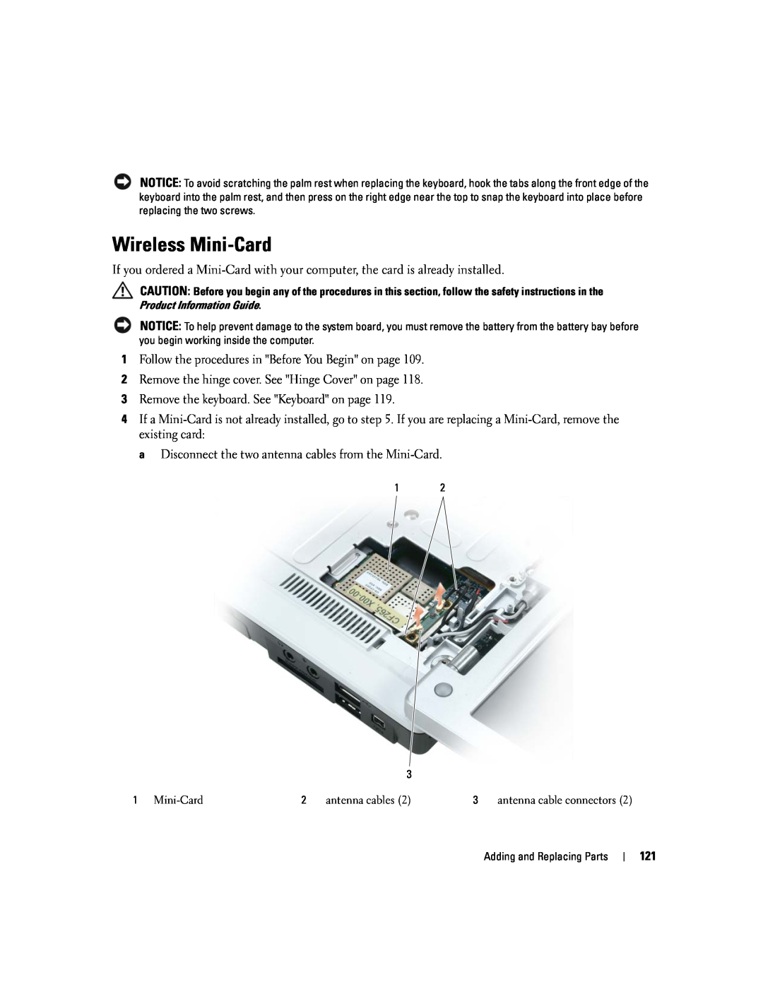 Dell PP20L owner manual Wireless Mini-Card, antenna cables, antenna cable connectors 