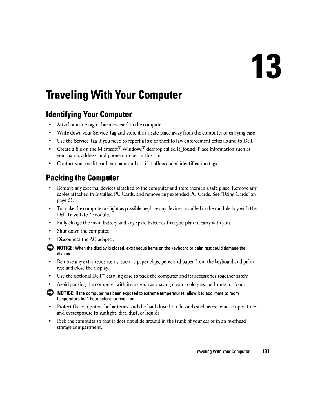 Dell PP20L owner manual Traveling With Your Computer, Identifying Your Computer, Packing the Computer 