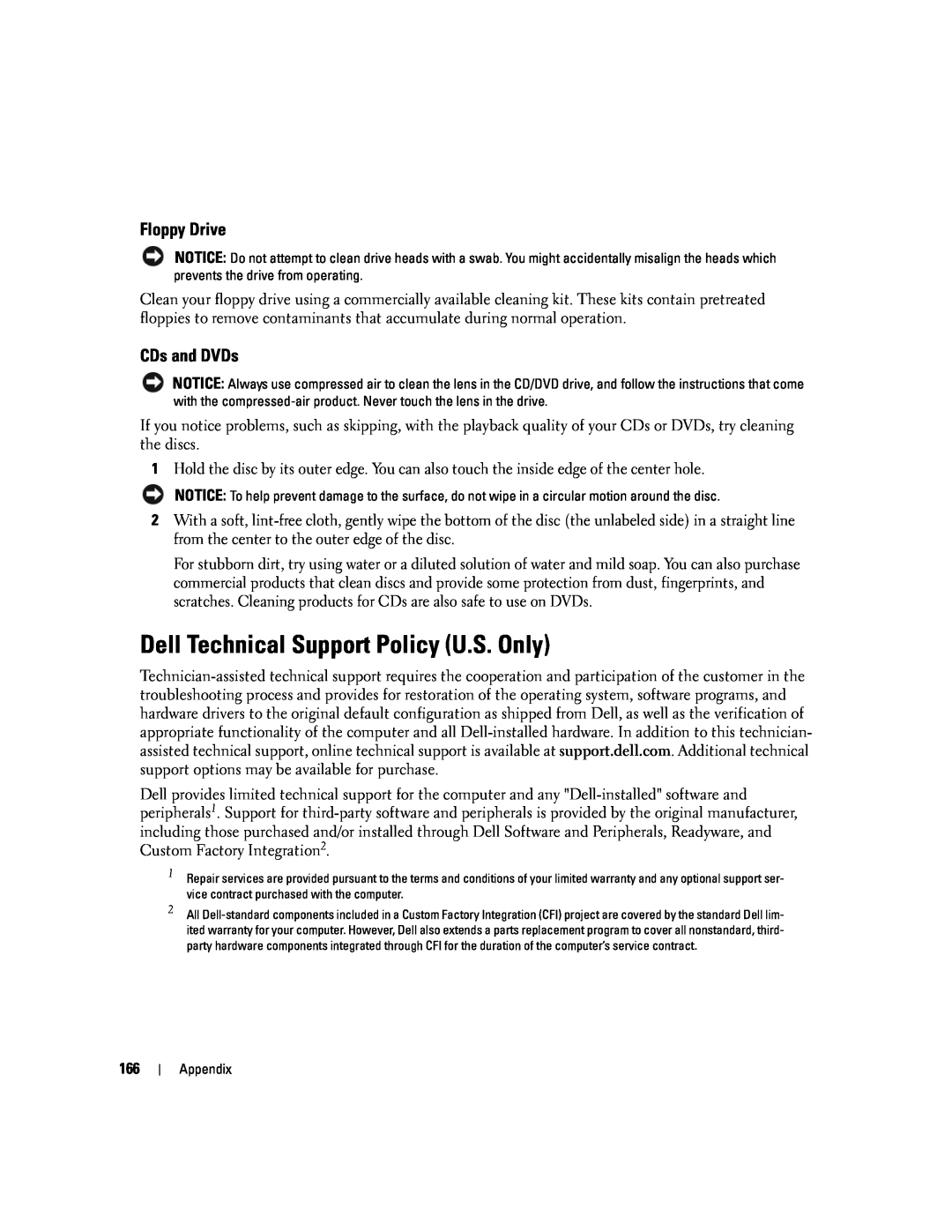 Dell PP20L owner manual Dell Technical Support Policy U.S. Only, Floppy Drive, CDs and DVDs 