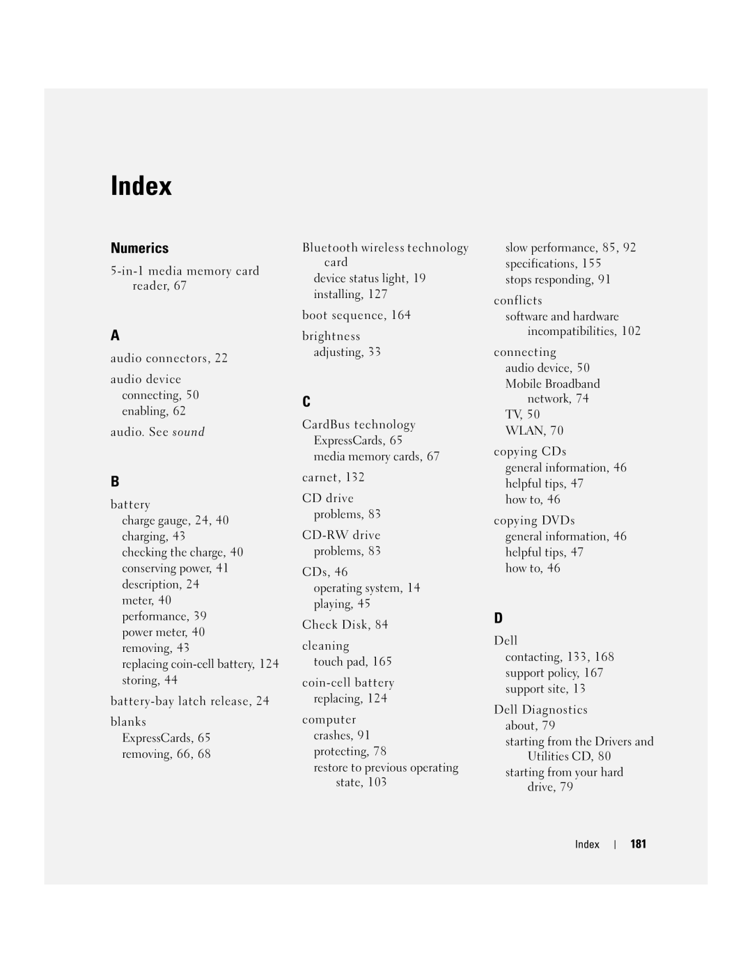 Dell PP20L owner manual Index, Numerics 
