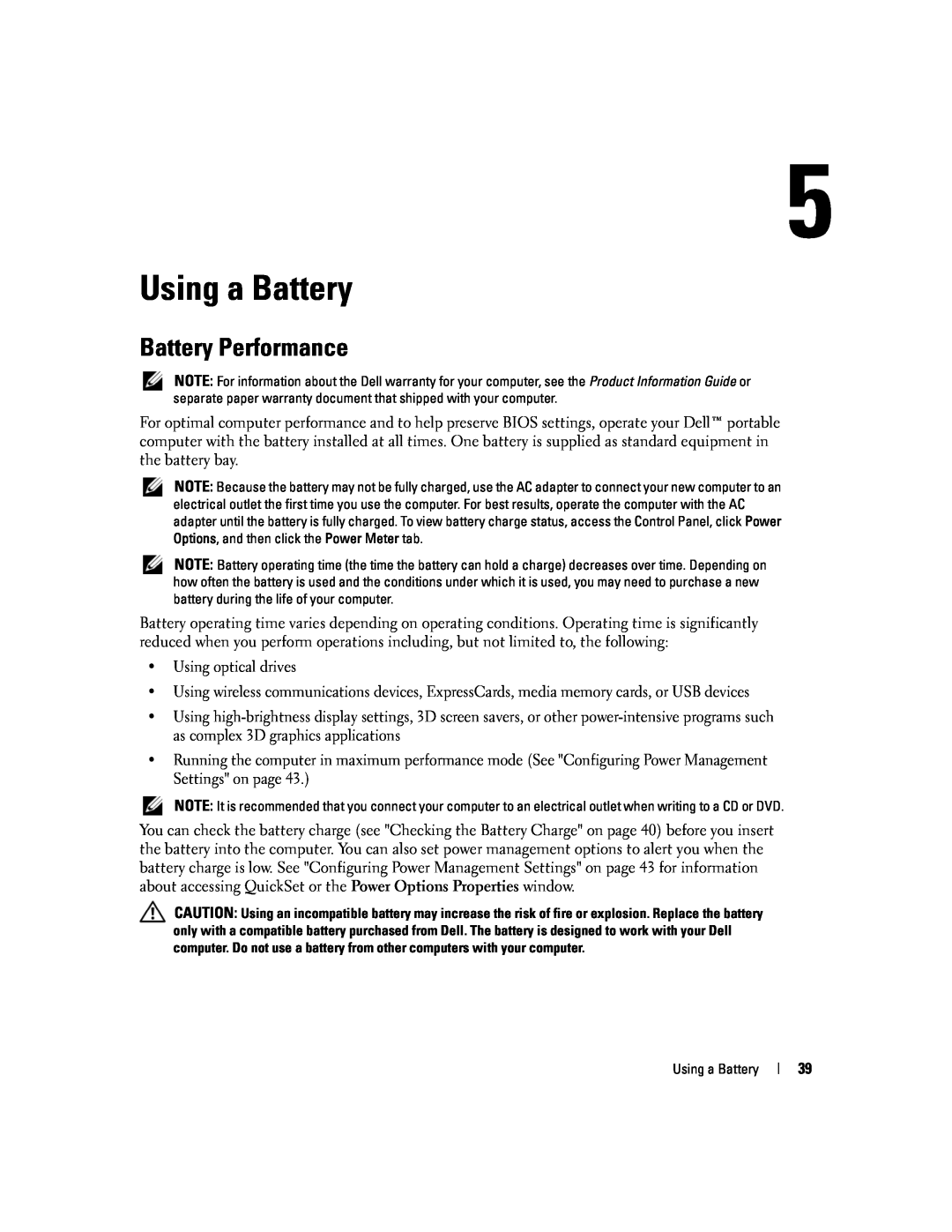 Dell PP20L owner manual Using a Battery, Battery Performance 